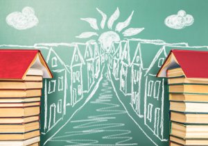 A chalk drawing of a row of homes with the front two houses made of stacked books