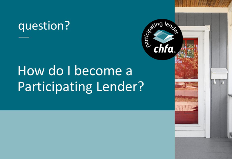 A video title slide that is a teal text graphic on the left that reads "how do I become a participating lender?" and an image of house on the right