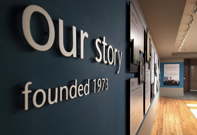 A close up of a timeline on a wall that says "our story founded 1973"