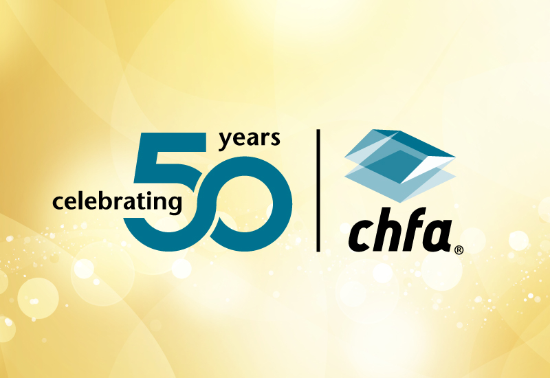 CHFA's 50th anniversary logo and yellow background