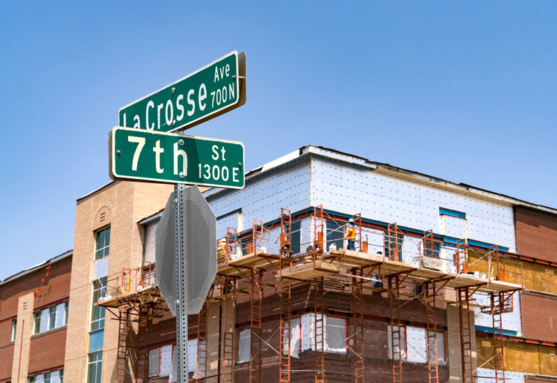 The PCHC under construction with street sign in foreground