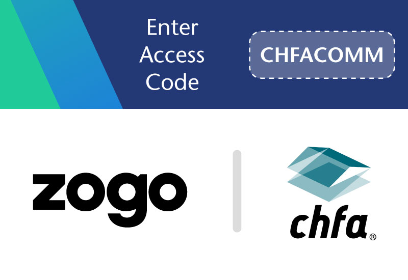 Zogo and CHFA logos with Enter access code CHFACOMM