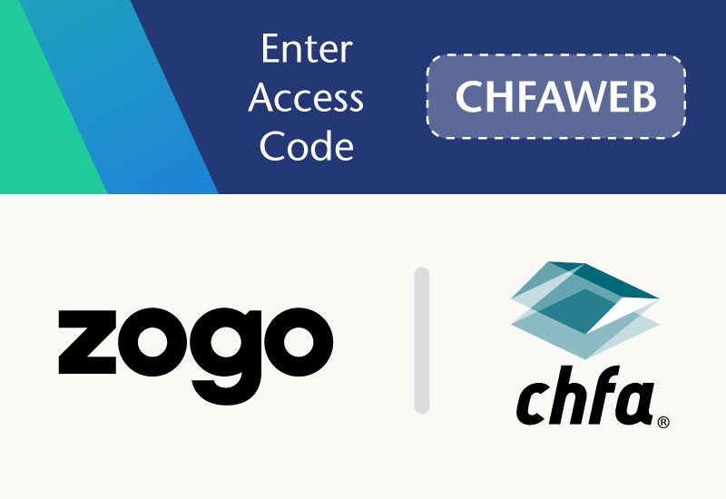 An image of the Zogo logo and the CHFA logo with access code CHFAWEB