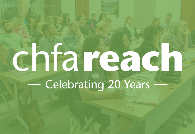 green graphic that reads chfareach - celebrating 20 years