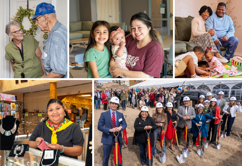 A collage of CHFA customers and Colorado buildings