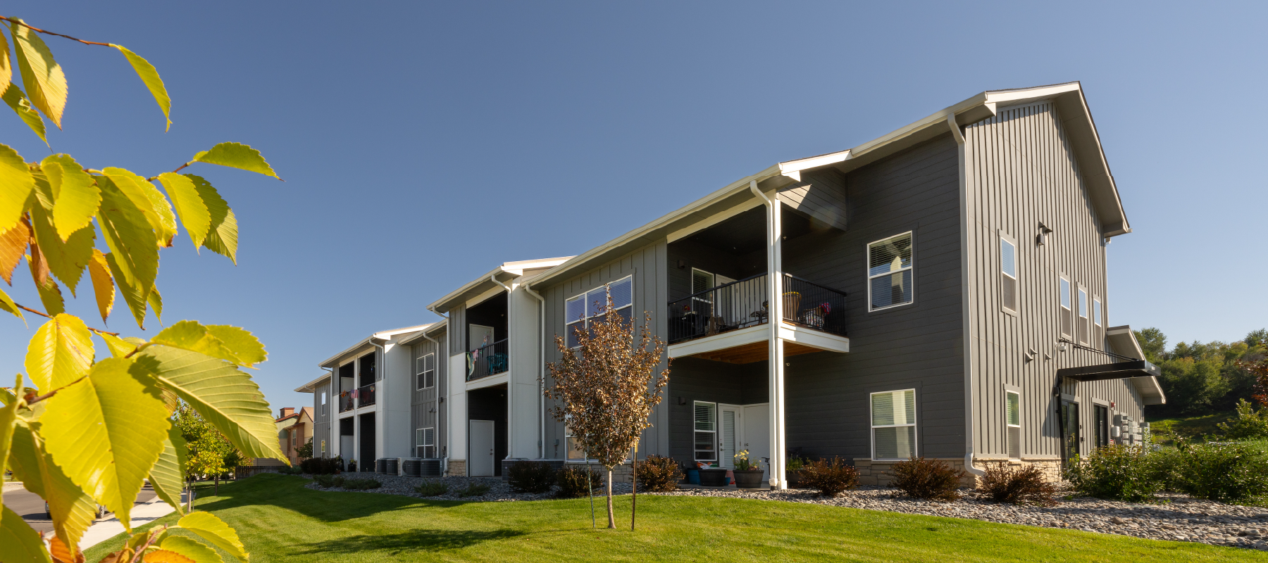 A two-story multifamily building set against blue sky with yellow-greenish leaves of a tree in the foreground