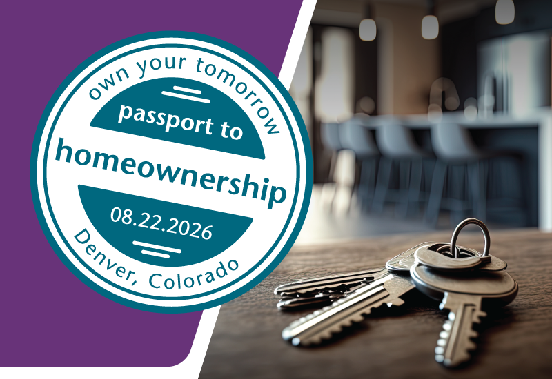 Purple background and image of keys on a counter in foreground with blurry home kitchen in the back with passport to homeownership stamp