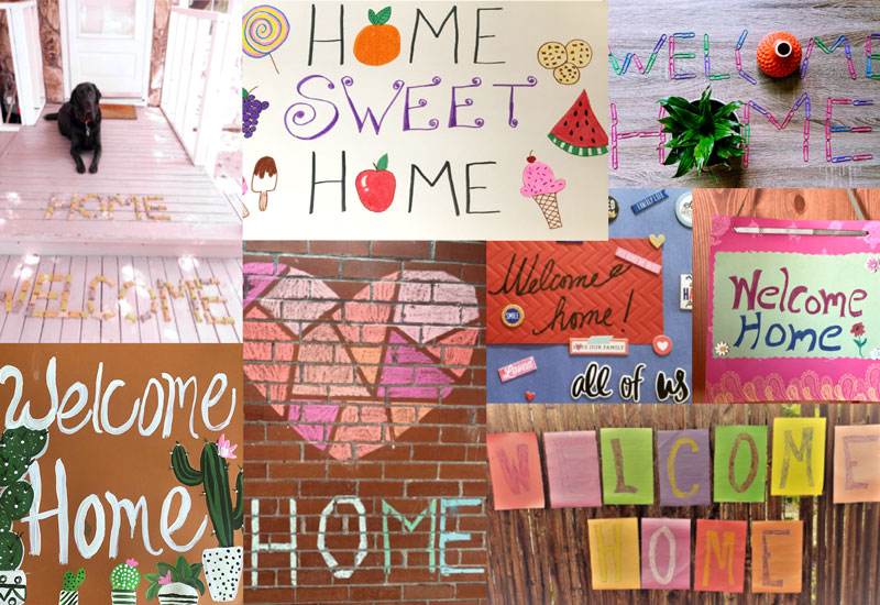 collage of handmade "welcome home" signs 
