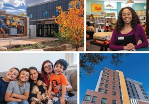 a group of four photos of Colorado people and buildings