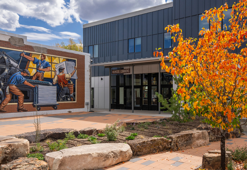A courtyard with a mural and and orange-leaved tree