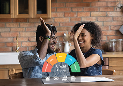 A couple giving each other a high five at a table in an apartment sitting at a table with a overlay graphic that reads credit score and has icons