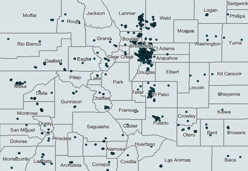 A map of Colorado with dots to indicate locations