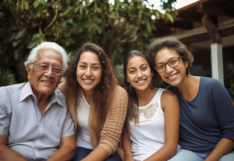 a family sitting in front of their house