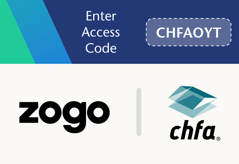 An image of the Zogo logo and the CHFA logo with access code CHFAOYT. 