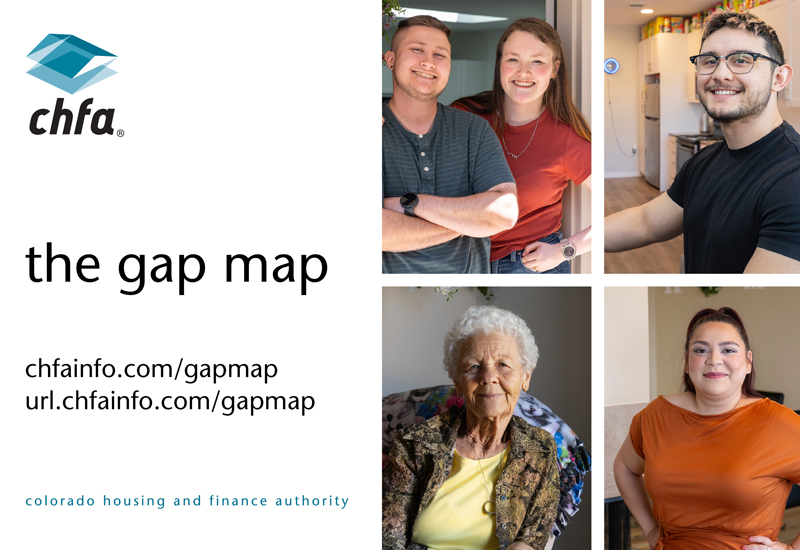 A graphic that includes four photos of people on the right and on the left text that says the gap map 
